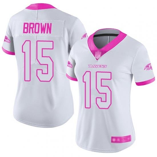 Ravens 15 Marquise Brown White Pink Women Stitched Football Limited Rush Fashion Jersey