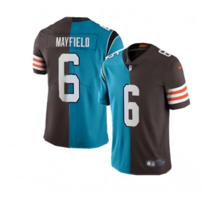 Men Carolina Panthers Cleveland Browns 6 Baker Mayfield Splite Blue Brown Vapor Untouchable Limited Stitched Jersey