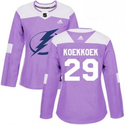 Womens Adidas Tampa Bay Lightning 29 Slater Koekkoek Authentic Purple Fights Cancer Practice NHL Jersey