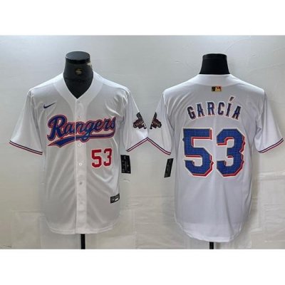 Men Texas Rangers 53 Adolis Garc EDa White Gold Cool Base Stitched Baseball Jersey 2