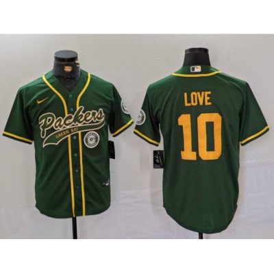 Men Green Bay Packers 10 Jordan Love Green Cool Base Stitched Baseball Jersey 1