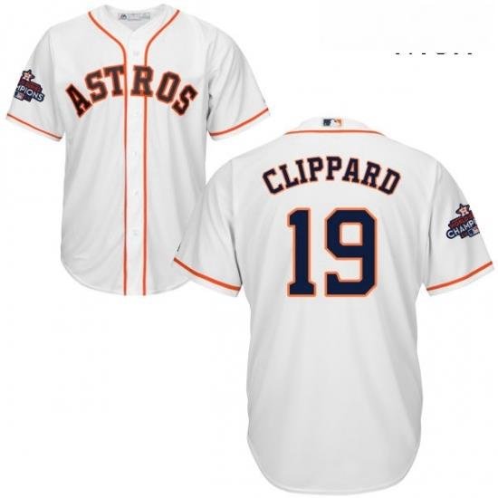 Mens Majestic Houston Astros 19 Tyler Clippard Replica White Home 2017 World Series Champions Cool Base MLB Jersey