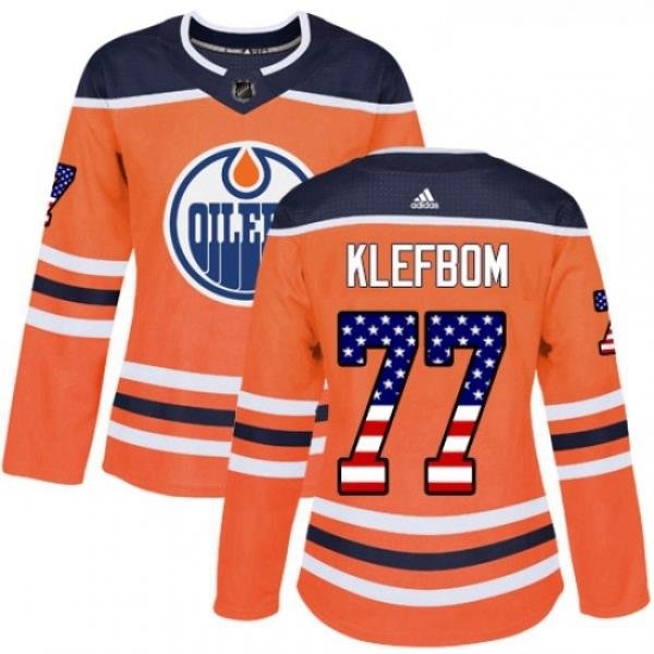 Womens Adidas Edmonton Oilers 77 Oscar Klefbom Authentic Orange USA Flag Fashion NHL Jersey