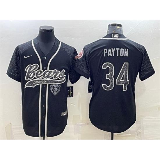 Men Chicago Bears 34 Walter Payton Black Reflective With Patch Cool Base Stitched Baseball Jersey