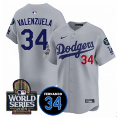 Men Los Angeles Dodgers 34 Toro Valenzuela Grey 2024 World Series With Fernando Memorial Patch Limited Stitched Baseball Jersey