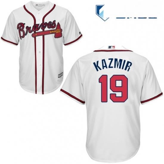 Mens Majestic Atlanta Braves 19 Scott Kazmir Replica White Home Cool Base MLB Jersey