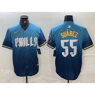 Men Philadelphia Phillies 55 Ranger Suarez Blue 2024 City Connect Limited Stitched Jersey