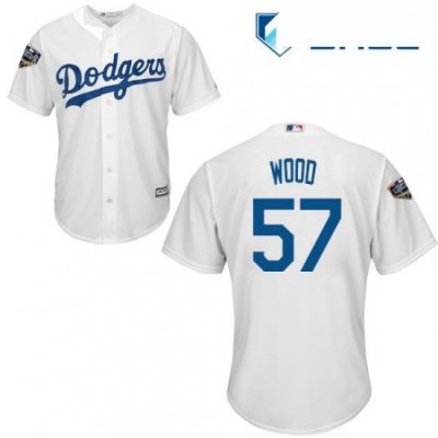 Youth Majestic Los Angeles Dodgers 57 Alex Wood Authentic White Home Cool Base 2018 World Series MLB Jersey