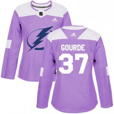 Womens Adidas Tampa Bay Lightning 37 Yanni Gourde Authentic Purple Fights Cancer Practice NHL Jersey