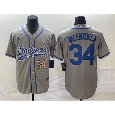 Men's Los Angeles Dodgers #34 Fernando Valenzuela Number Grey With Patch Cool Base Stitched Baseball Jersey