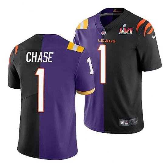 Men Cincinnati Bengals 1 Ja 27Marr Chase 2022 Purple Black Split Super Bowl LVI Stitched Jerse