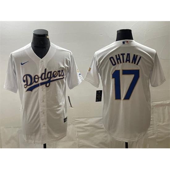 Men Los Angeles Dodgers 17 Shohei Ohtani White Gold Cool Base With Patch Stitched Baseball Jersey