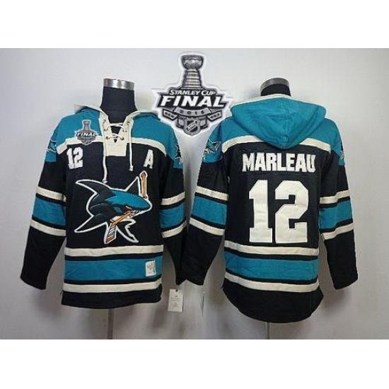 Men San Jose Sharks 12 Patrick Marleau Black Sawyer Hooded Sweatshirt 2016 Stanley Cup Final Patch Stitched NHL Jersey