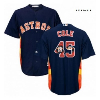 Mens Majestic Houston Astros 45 Gerrit Cole Authentic Navy Blue Team Logo Fashion Cool Base MLB Jersey