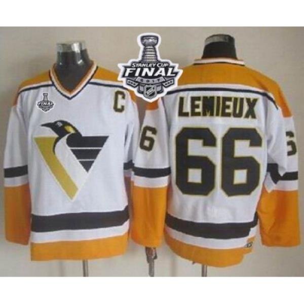 Penguins #66 Mario Lemieux White Yellow CCM Throwback 2017 Stanley Cup Final Patch Stitched NHL Jersey