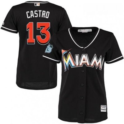 Womens Majestic Miami Marlins 13 Starlin Castro Replica Black Alternate 2 Cool Base MLB Jersey