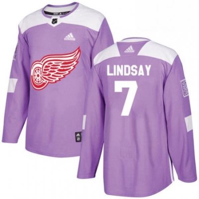 Mens Adidas Detroit Red Wings 7 Ted Lindsay Authentic Purple Fights Cancer Practice NHL Jersey