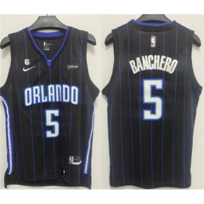 Men Orlando Magic 5 Paolo Banchero Black With No 6 Patch Icon Edition Stitched Swingman Jersey