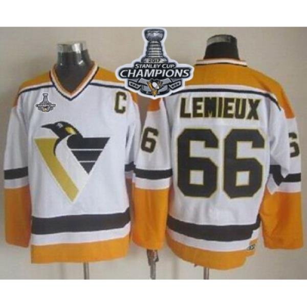 Penguins #66 Mario Lemieux White Yellow CCM Throwback 2017 Stanley Cup Finals Champions Stitched NHL Jersey