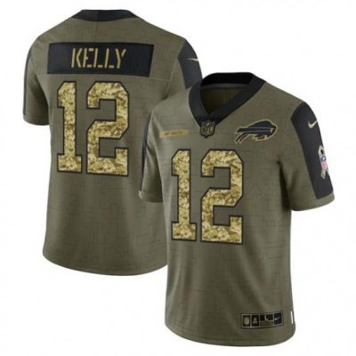 Men Buffalo Bills 12 Jim Kelly 2021 Salute To Service Olive Camo Limited Stitched Jersey