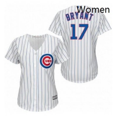 Womens Majestic Chicago Cubs 17 Kris Bryant Authentic WhiteBlue Strip Fashion MLB Jersey