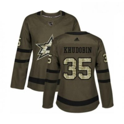 Womens Adidas Dallas Stars 35 Anton Khudobin Authentic Green Salute to Service NHL Jersey