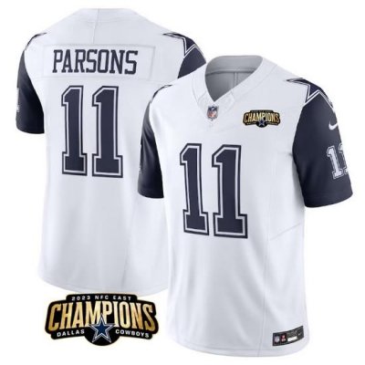 Men Dallas Cowboys 11 Micah Parsons White Navy 2023 F U S E  NFC East Champions Patch Stitched Football Jersey