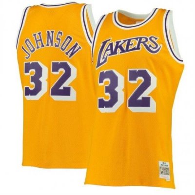 Men Los Angeles Lakers 32 Magic Johnson Mitchell 26 Ness Gold 1984 85 Hardwood Classics Swingman Basketball Jersey