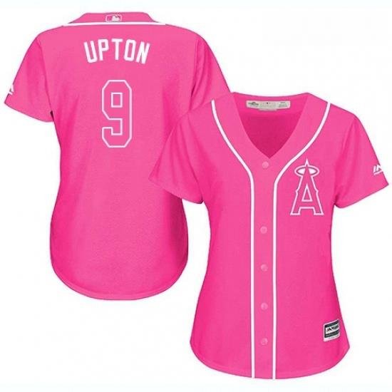 Womens Majestic Los Angeles Angels of Anaheim 9 Justin Upton Authentic Pink Fashion MLB Jersey