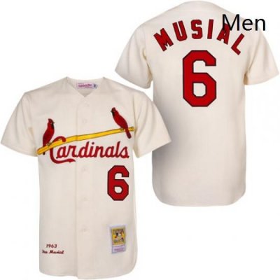 Mens Mitchell and Ness 1963 St Louis Cardinals 6 Stan Musial Authentic Cream Throwback MLB Jersey