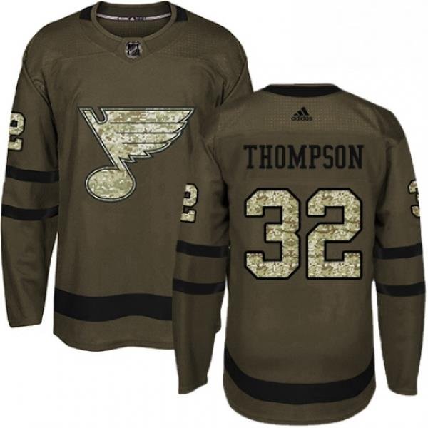 Mens Adidas St Louis Blues 32 Tage Thompson Authentic Green Salute to Service NHL Jersey