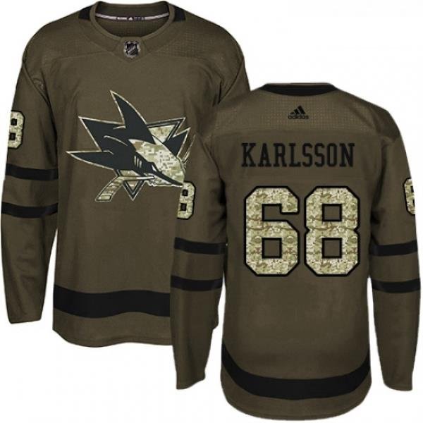 Youth Adidas San Jose Sharks 68 Melker Karlsson Premier Green Salute to Service NHL Jersey