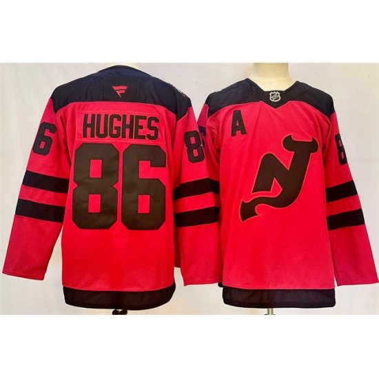 Men New Jersey Devils 86 Jack Hughes Red 2024 25 With A Patch Stitched Hockey Jersey