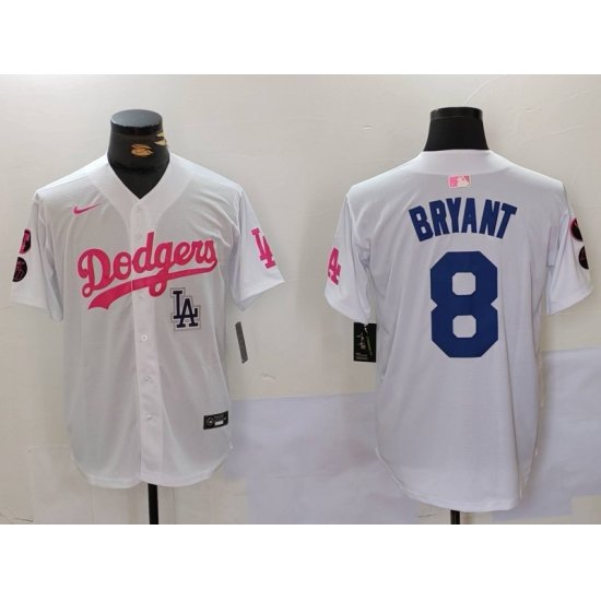 Men Los Angeles Dodgers 8 Kobe Bryant White Pink Vin  26 Kobe Patch Stitched Baseball Jersey 3