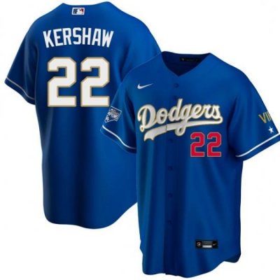 Youth Los Angeles Dodgers Clayton KershaW 22 Championship Gold Trim Blue Limited All Stitched Flex Base Jersey