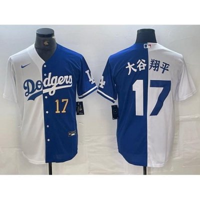 Men Los Angeles Dodgers 17 Shohei Ohtani White Blue Split Cool Base Stitched Baseball Jersey B