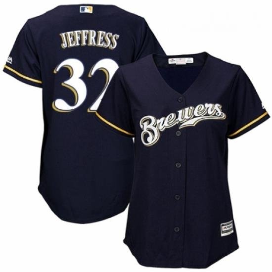 Womens Majestic Milwaukee Brewers 32 Jeremy Jeffress Replica Navy Blue Alternate Cool Base MLB Jersey