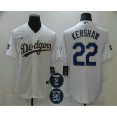 Men Los Angeles Dodgers 22 Clayton KershaW White Gold 2 20 Patch Stitched MLB Cool Base Nike Jersey