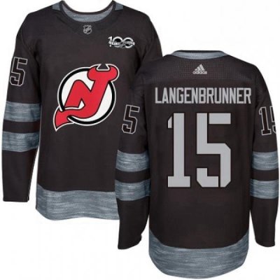 Mens Adidas New Jersey Devils 15 Jamie Langenbrunner Authentic Black 1917 2017 100th Anniversary NHL Jersey