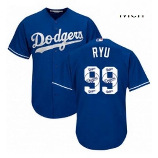 Mens Majestic Los Angeles Dodgers 99 Hyun Jin Ryu Authentic Royal Blue Team Logo Fashion Cool Base MLB Jersey