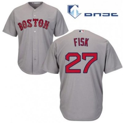 Mens Majestic Boston Red Sox 27 Carlton Fisk Replica Grey Road Cool Base MLB Jersey