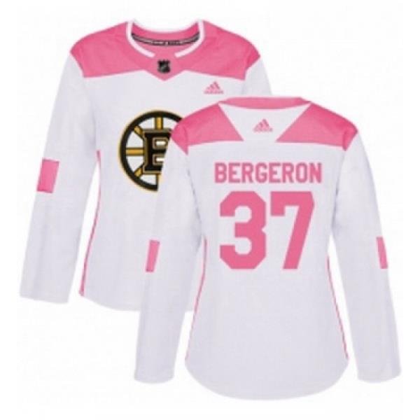 Womens Adidas Boston Bruins 37 Patrice Bergeron Authentic WhitePink Fashion NHL Jersey