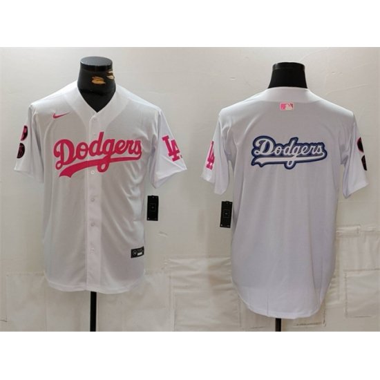 Men Los Angeles Dodgers Team Big Logo White Pink Vin  26 Kobe Patch Stitched Baseball JerseyS1