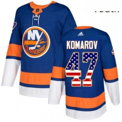 Youth Adidas New York Islanders 47 Leo Komarov Authentic Royal Blue USA Flag Fashion NHL Jersey