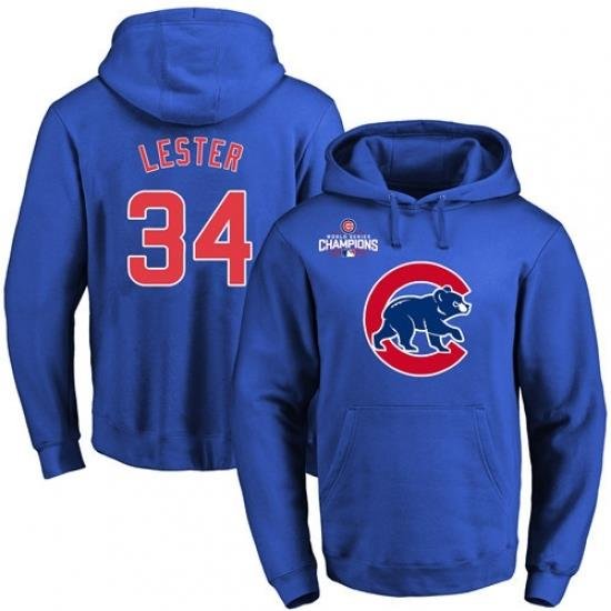 MLB Men Chicago Cubs 34 Jon Lester Royal Team Color Primary Logo Pullover Hoodie