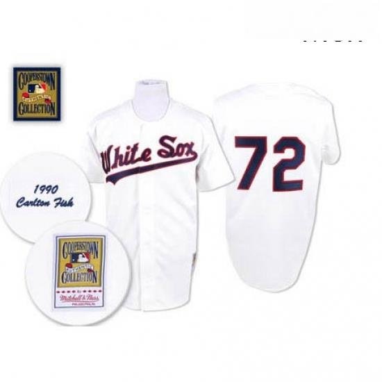 Mens Mitchell and Ness 1990 Chicago White Sox 72 Carlton Fisk Replica White Throwback MLB Jersey