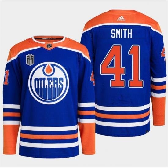 Men Edmonton Oilers 41 Mike Smith Royal 2024 Stanley Cup Final Patch Stitched Jersey