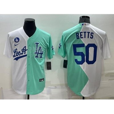 Men Los Angeles Dodgers 50 Mookie Betts 2022 All Star White Green Cool Base Stitched Baseball Jersey