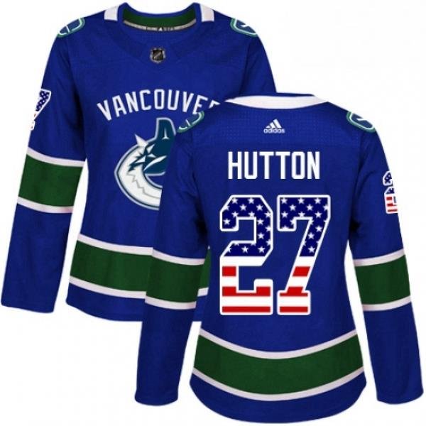 Womens Adidas Vancouver Canucks 27 Ben Hutton Authentic Blue USA Flag Fashion NHL Jersey