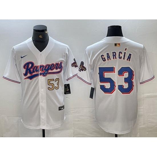 Men Texas Rangers 53 Adolis Garcia Number White 2023 World Series Champions Cool Base Jerseys